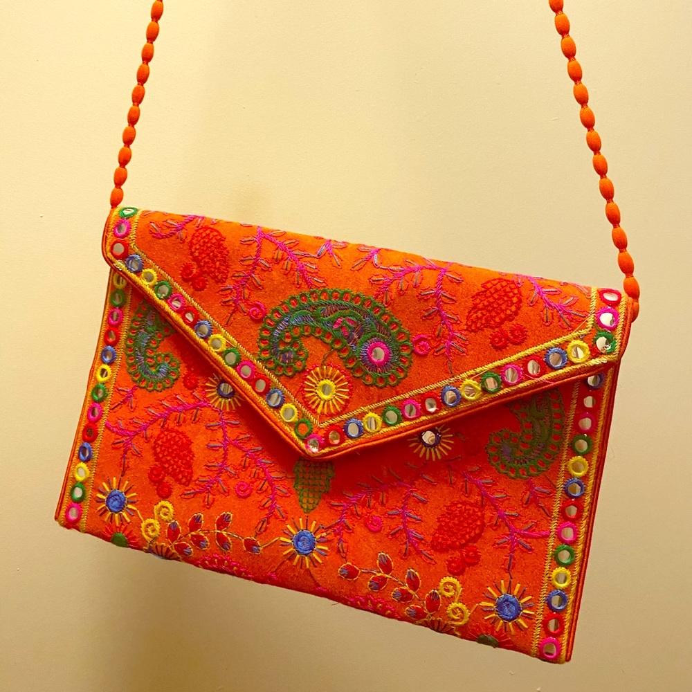 Moroccan orange embroidered purse